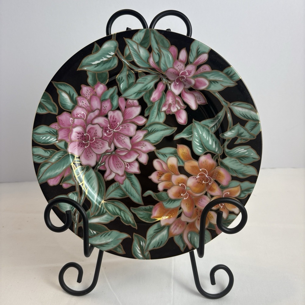 Fitz and Floyd Azalea Cloisonne Flower 8in Salad Plate Black Vintage Porcelain